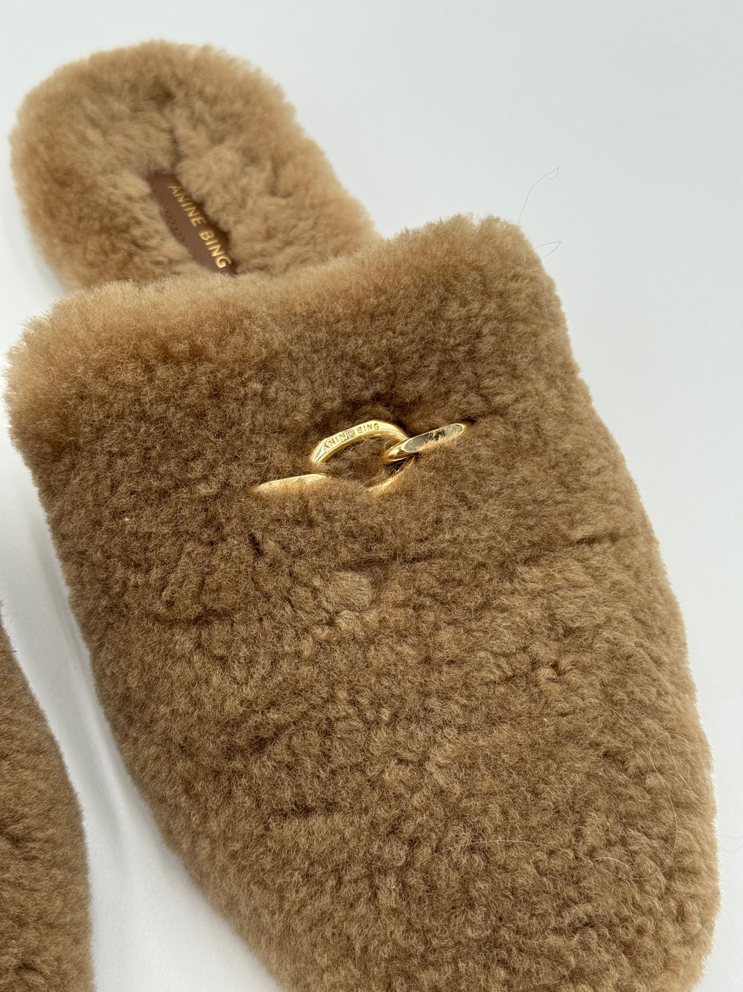 Anine Bing Shearling Mules Shoes in Camel Size 39 US 9