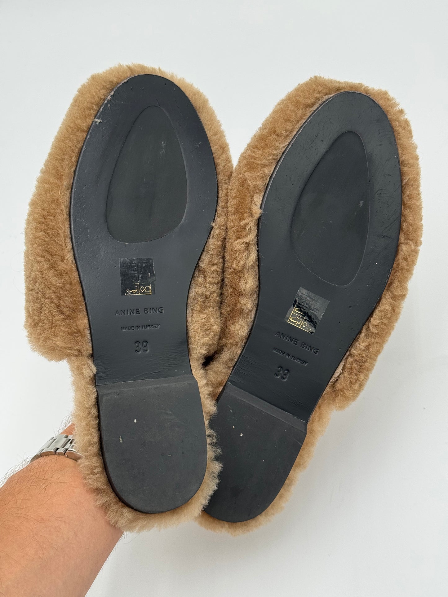 Anine Bing Shearling Mules Shoes in Camel Size 39 US 9