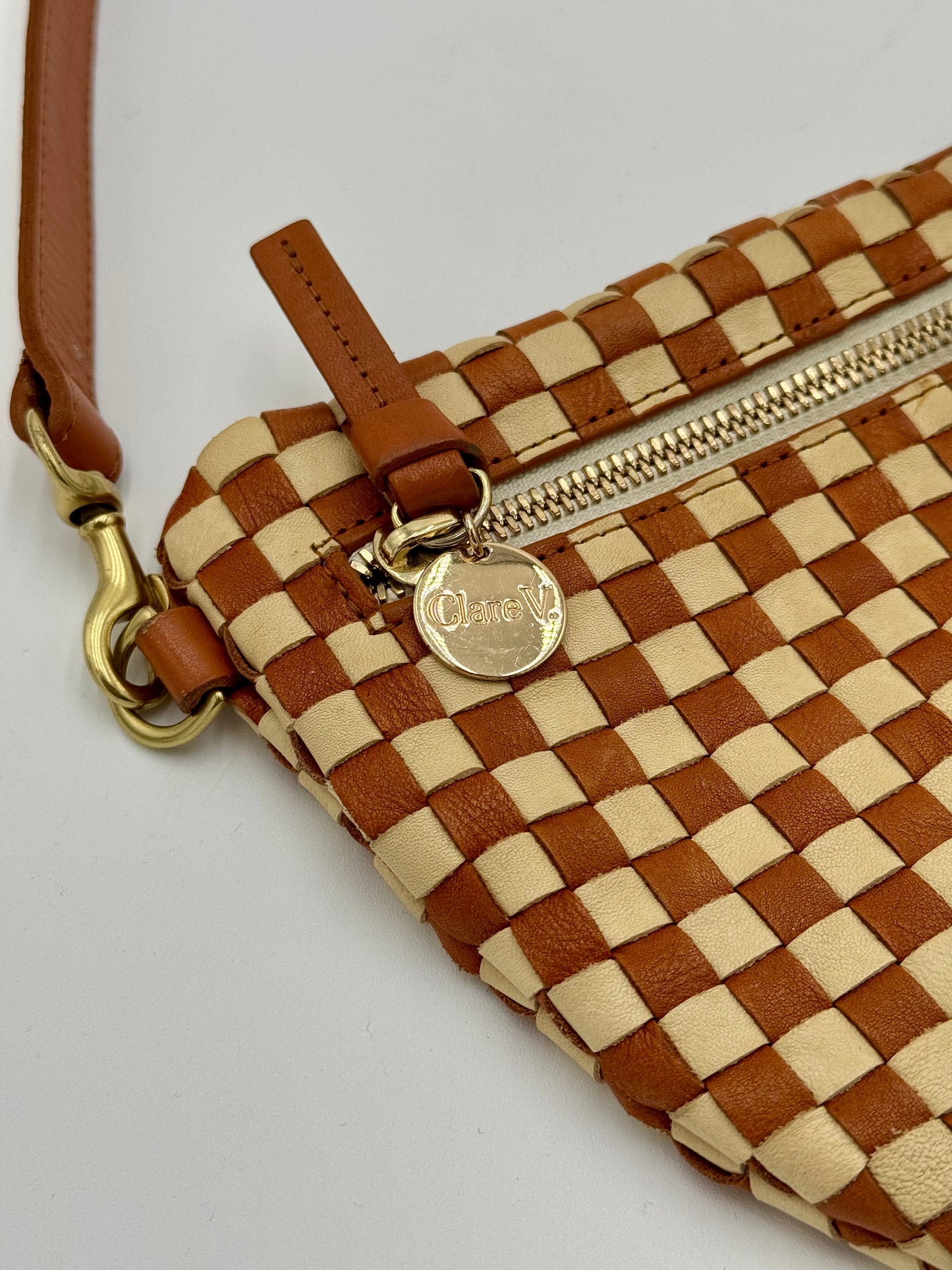 Clare V. Woven Checker Grande Fanny Pack Bag in Brown and Cream