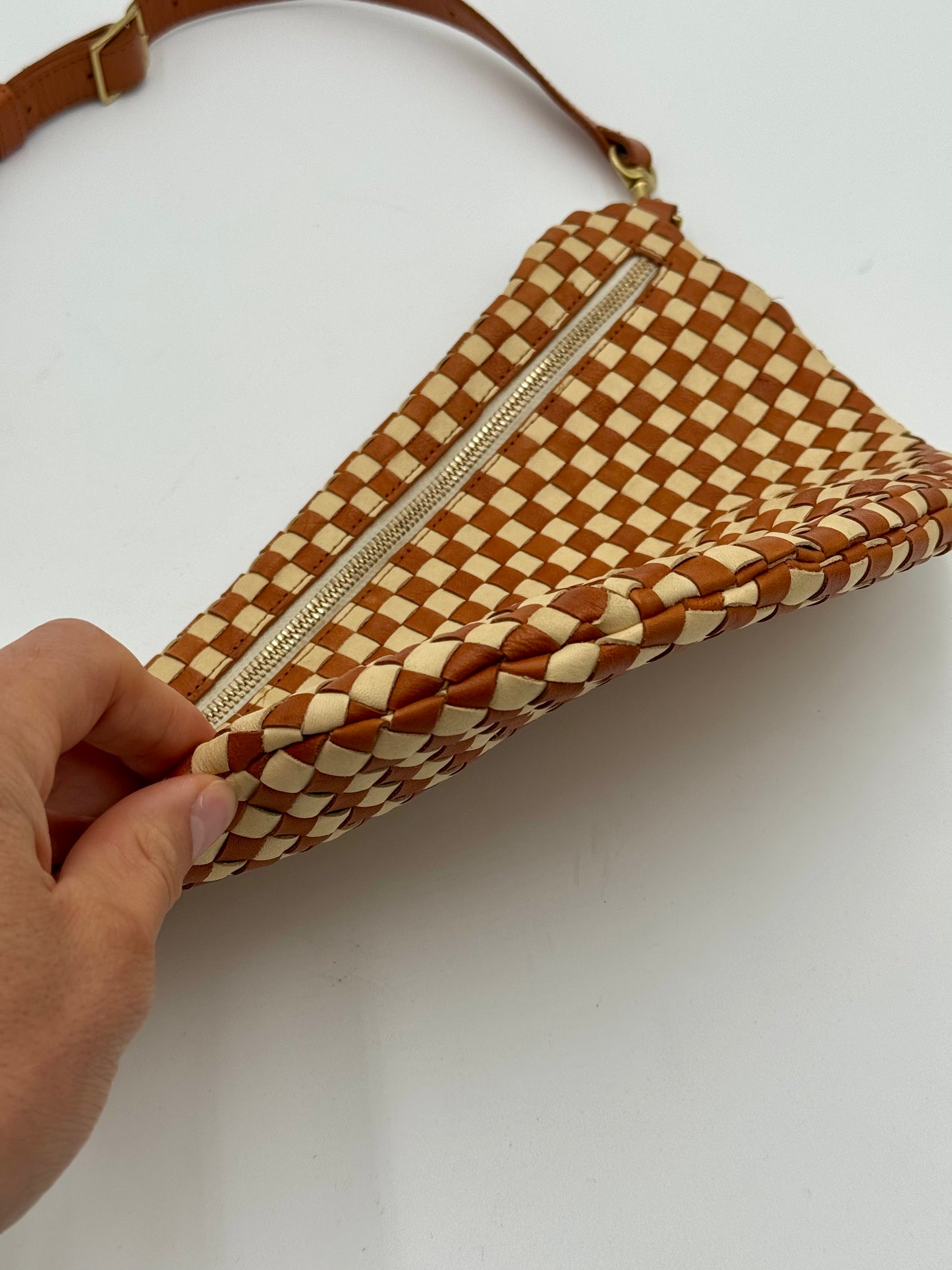 Clare V. Woven Checker Grande Fanny Pack Bag in Brown and Cream