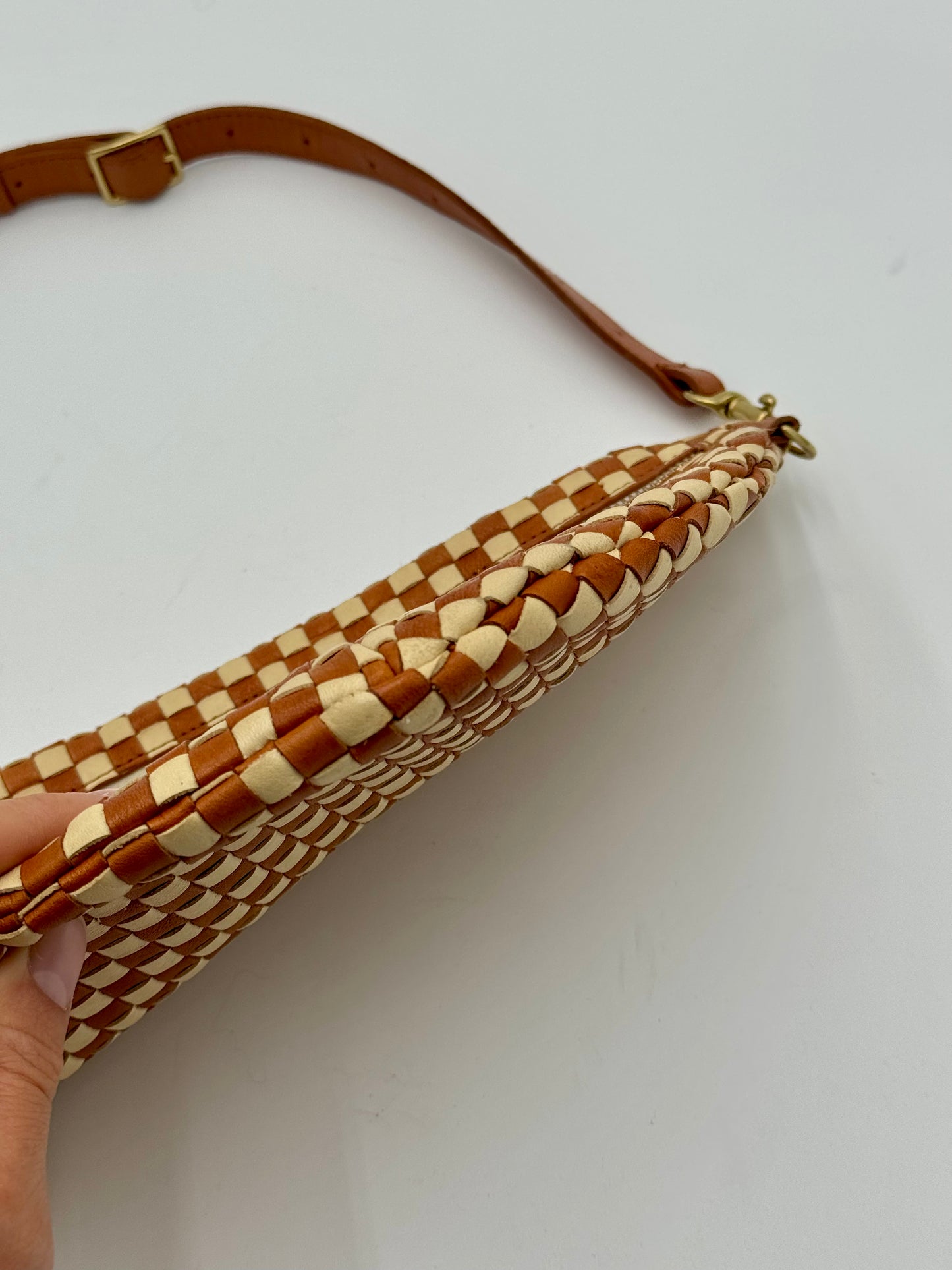 Clare V. Woven Checker Grande Fanny Pack Bag in Brown and Cream