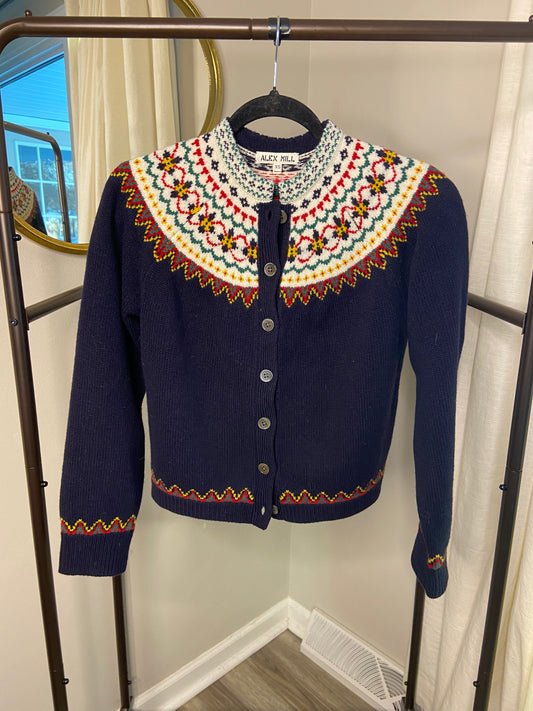 Alex Mill Navy Multi Hilde Fair Isle Cardigan size XS