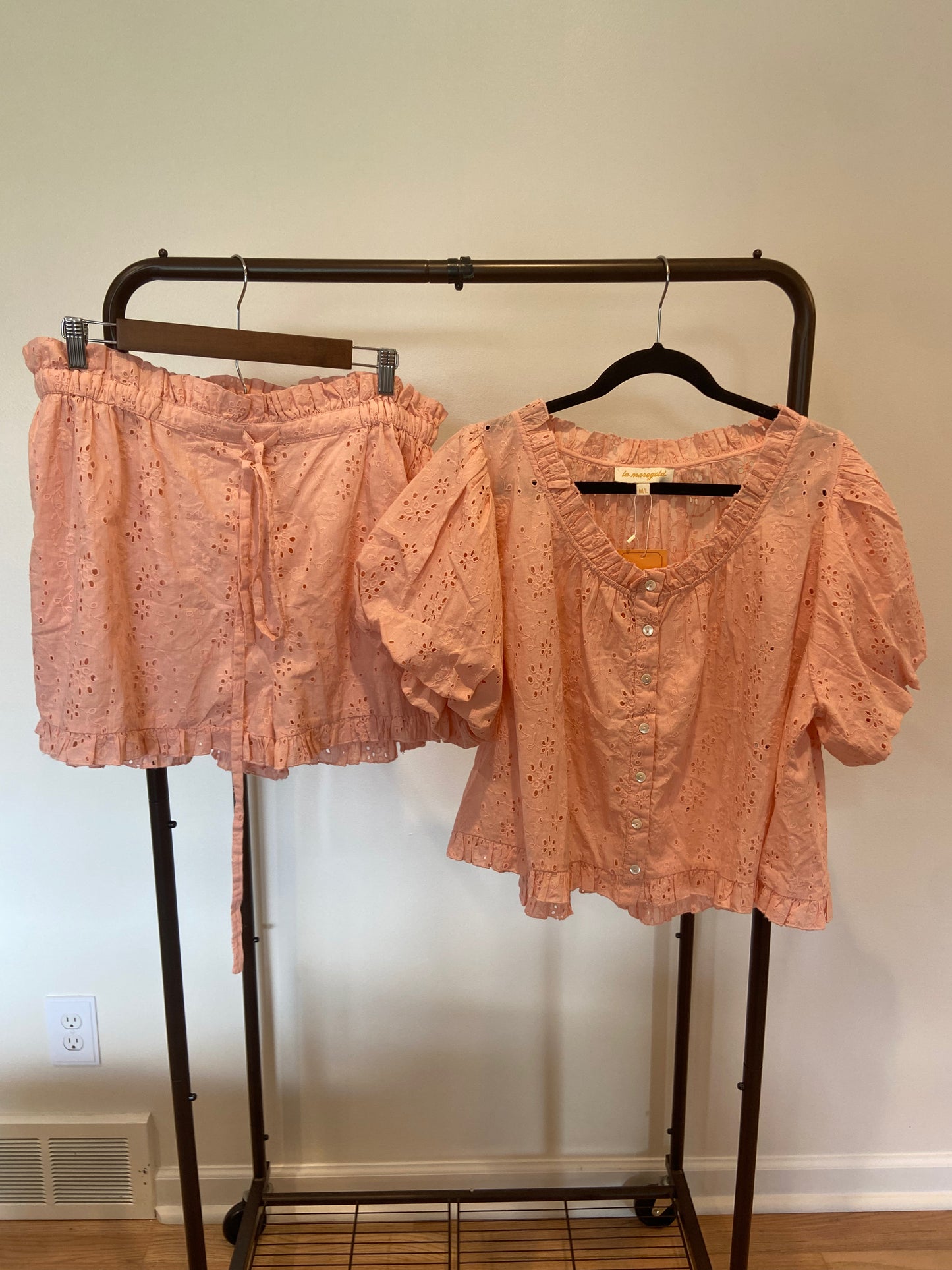 Le Maregold Set The Charlotte Blouse and Theo Short Petal Pink Garden Eyelet size M/L and XL