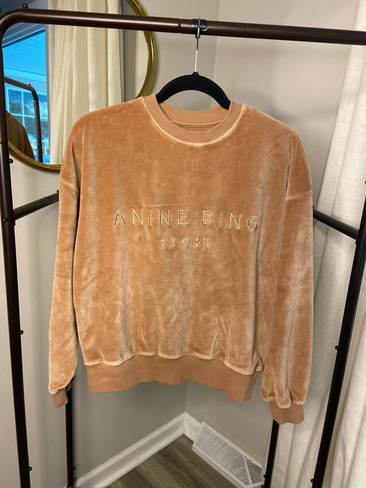 Anine Bing Evan Velour Sweatshirt in Taupe size S