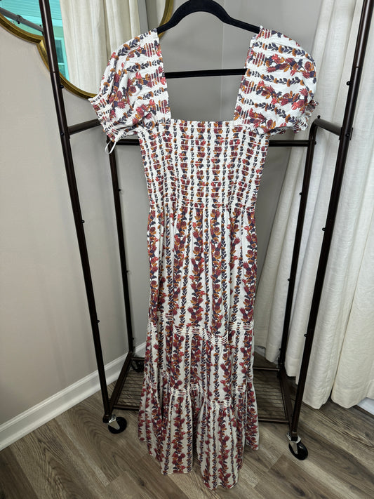 Tory Burch Smocked Satin Cotton Twill Maxi Dress size L