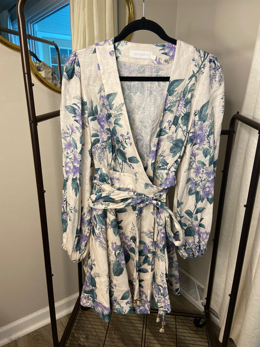 Zimmermann Cassia Floral-Print Linen-Poplin Wrap Dress size US 8