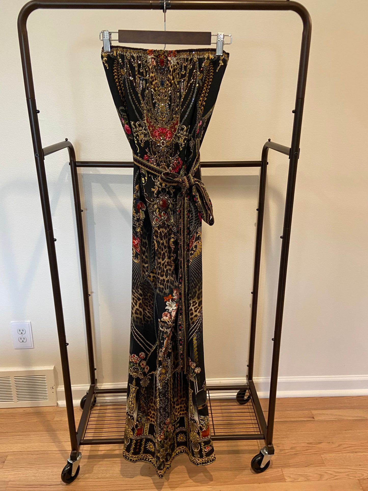 Camilla Tie Waist Strapless Jumpsuit in Gothic Goddess size S