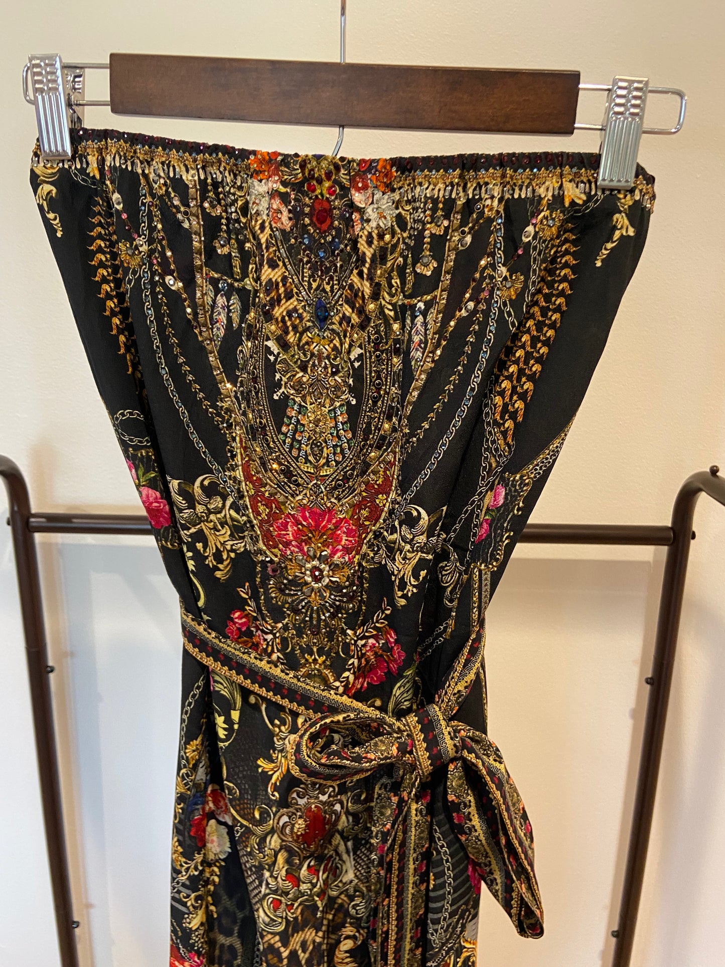 Camilla Tie Waist Strapless Jumpsuit in Gothic Goddess size S