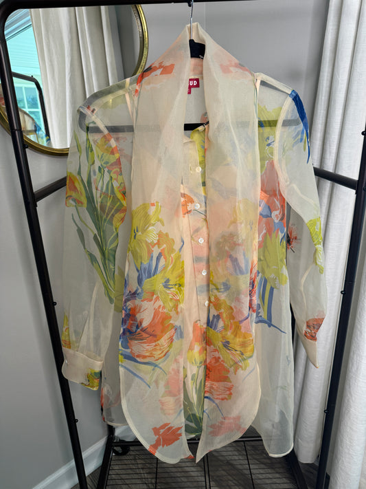 STAUD Maryn Floral Long Sleeve Organza Mini Shirtdress size XS