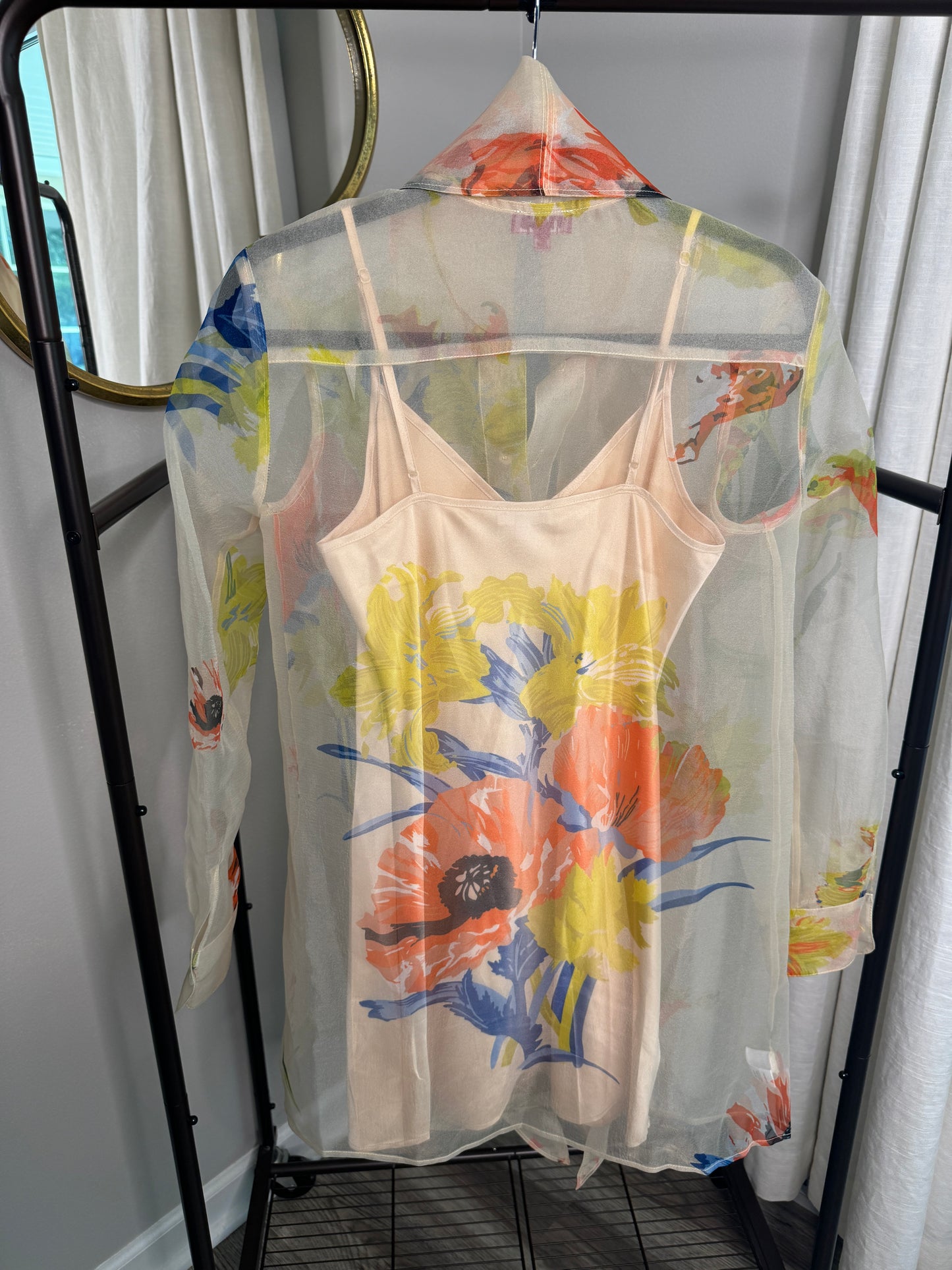 STAUD Maryn Floral Long Sleeve Organza Mini Shirtdress size XS