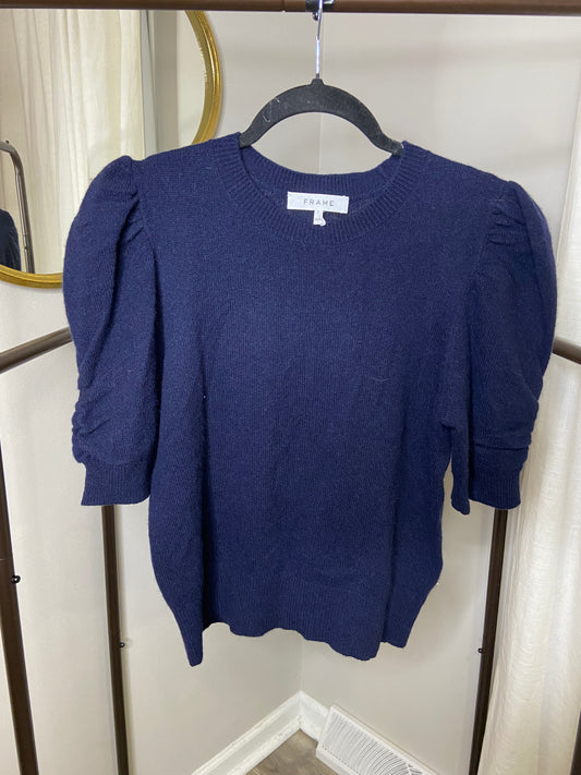 Frame Ruched Sleeve Cashmere Top Navy Blue size M