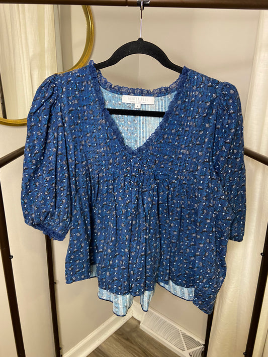 Hunter Bell Mia Puff-Sleeve Lace-Trim Printed Top size M