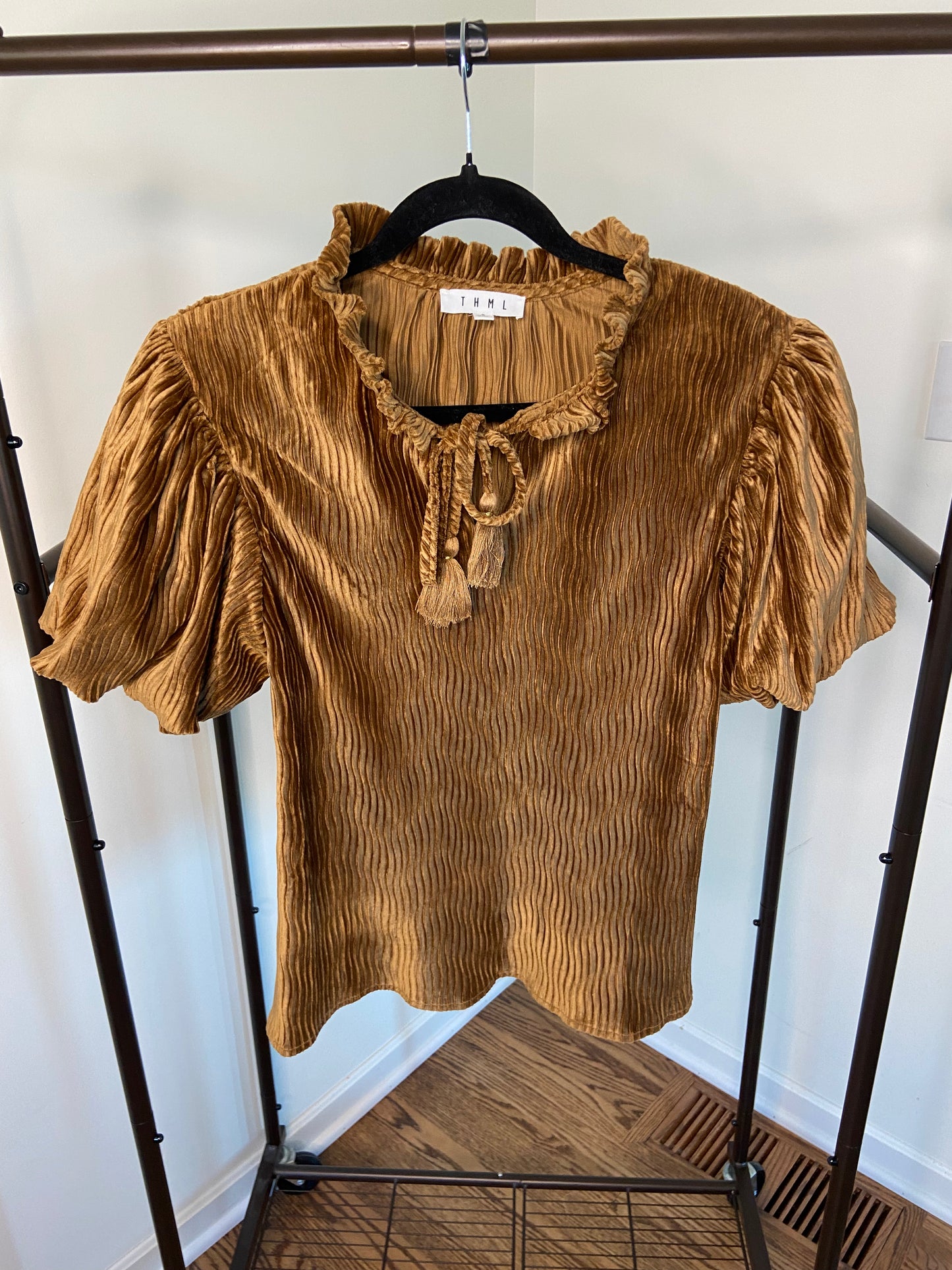 THML Camel Velvet Ribbed Tassel Top size S