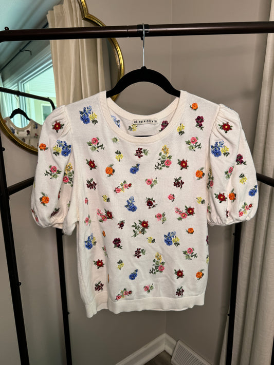 Alice and Olivia Risa Embroidered Puff Sleeve Sweater Top size S