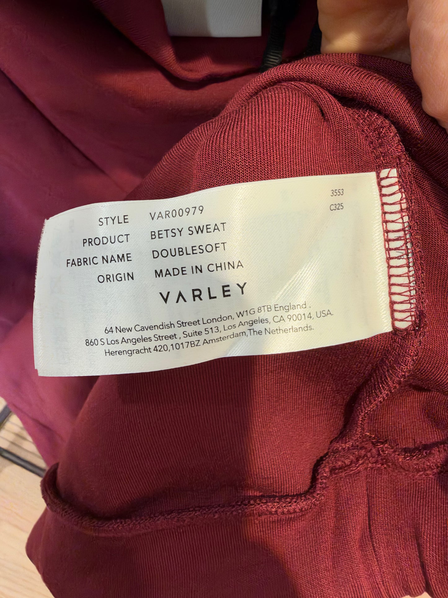 Varley The Betsy Sweat Sweater and  Slim Cuff Pants 27.5" in New Maroon size L