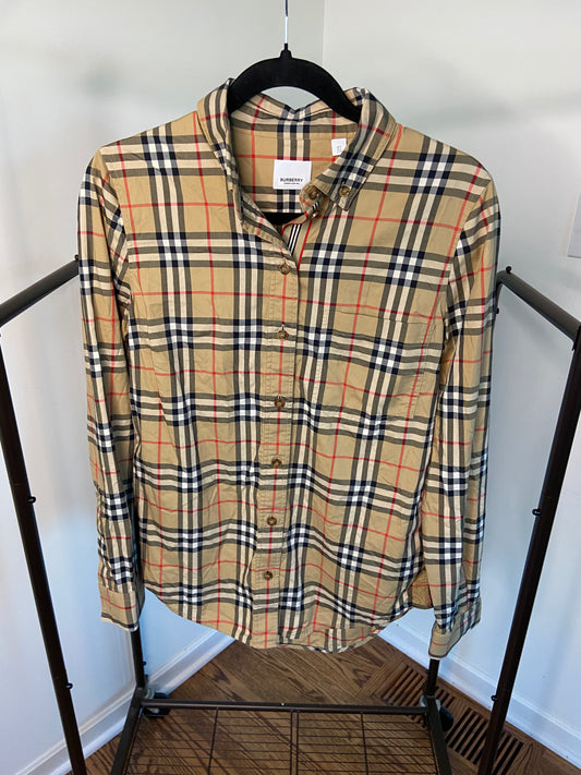 Burberry Check Stretch Cotton Button Down Shirt size 6
