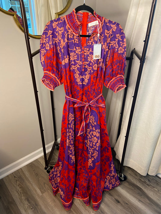 Zimmermann Raie Swing Belted Printed Ramie Maxi Dress size US 8
