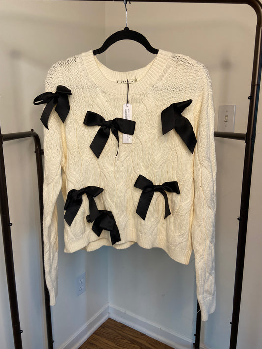 Alice and Olivia Beau Cable Knit Bow Sweater in Ecru Black size M