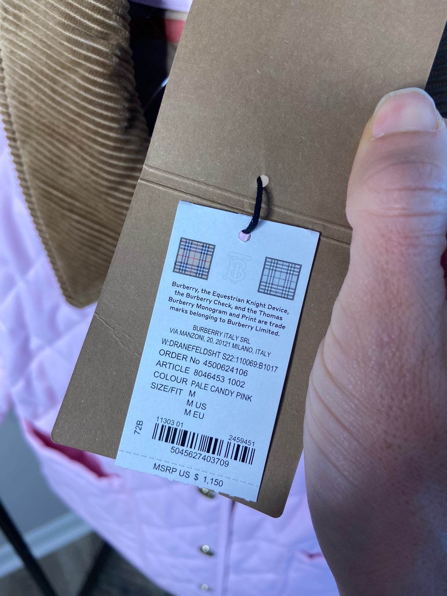 Burberry Pale Candy Pink Quilted Barn Jacket size M