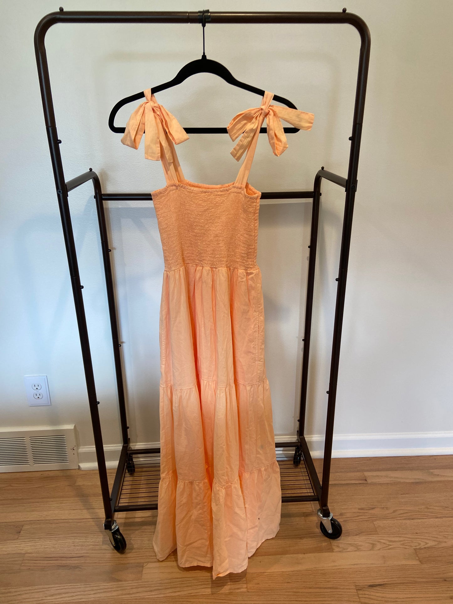 Xirena Smocked Peach Shoulder Tie Midi Dress size M