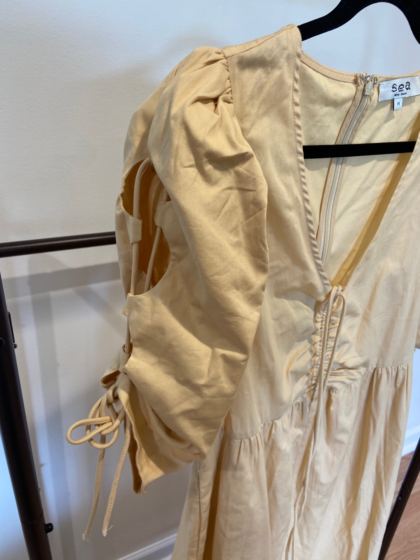 Sea New York Sia Lace-up Sleeve Midi Dress in Beige size M