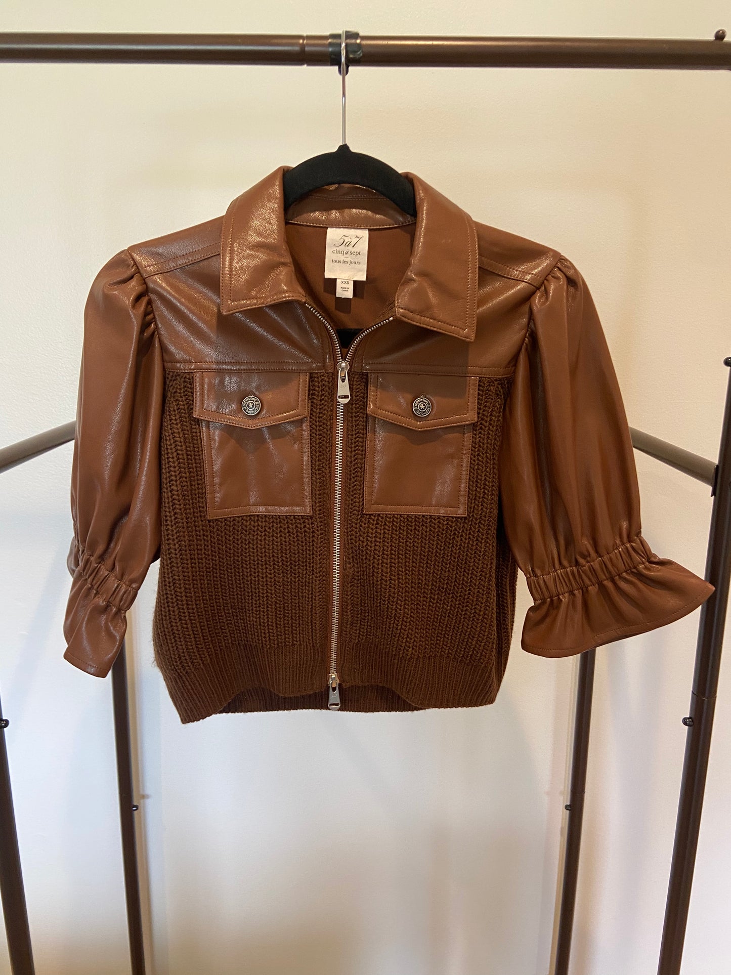 Cinq a Sept Holly Mixed Media Jacket Brown Chocolate Leather size XXS