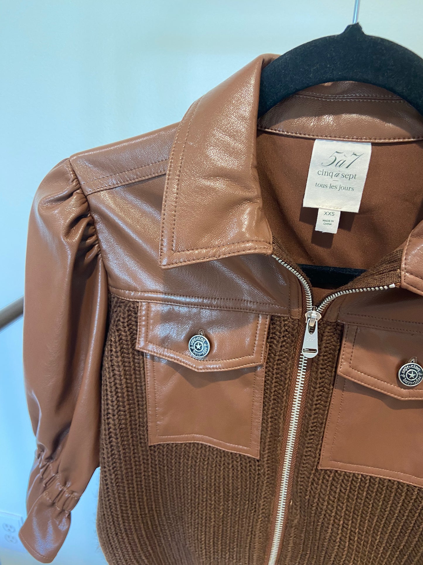 Cinq a Sept Holly Mixed Media Jacket Brown Chocolate Leather size XXS