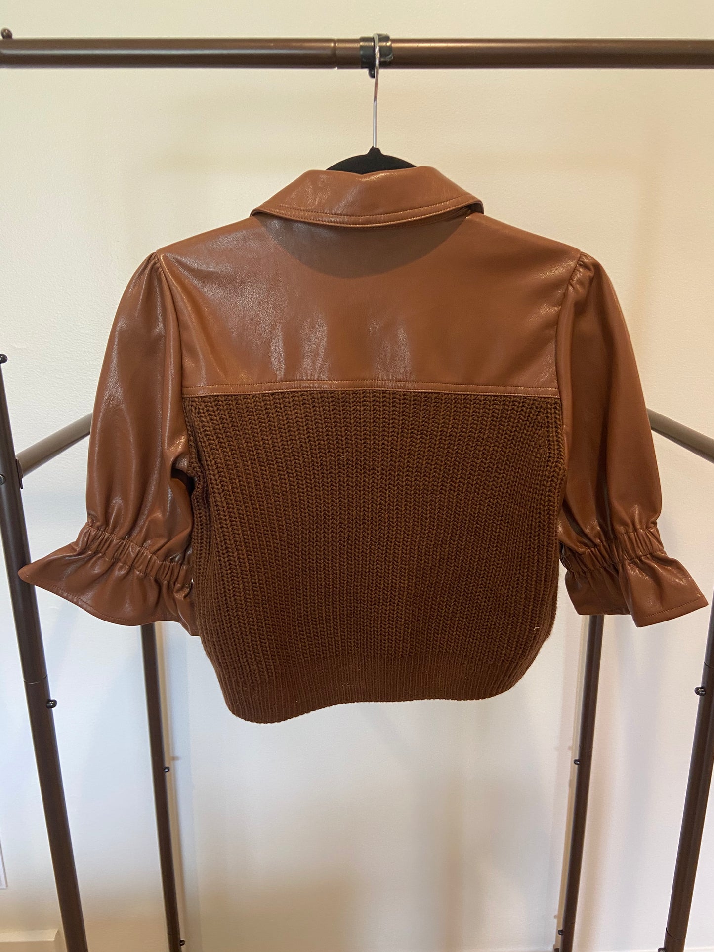 Cinq a Sept Holly Mixed Media Jacket Brown Chocolate Leather size XXS