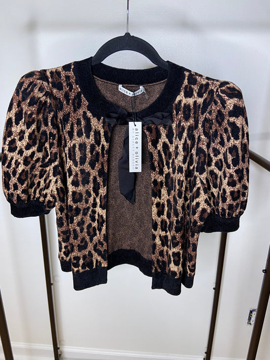 Alice + Olivia Kitty Leopard Puff Sleeve Bow Cardigan Sweater size L