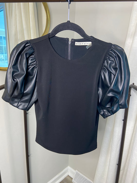 Alice and Olivia Aubrey Vegan Leather Puff Sleeve Top size 2