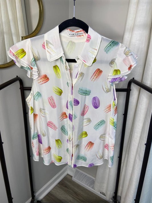 Alice and Olivia Eli Macaron Print Silk Top size S