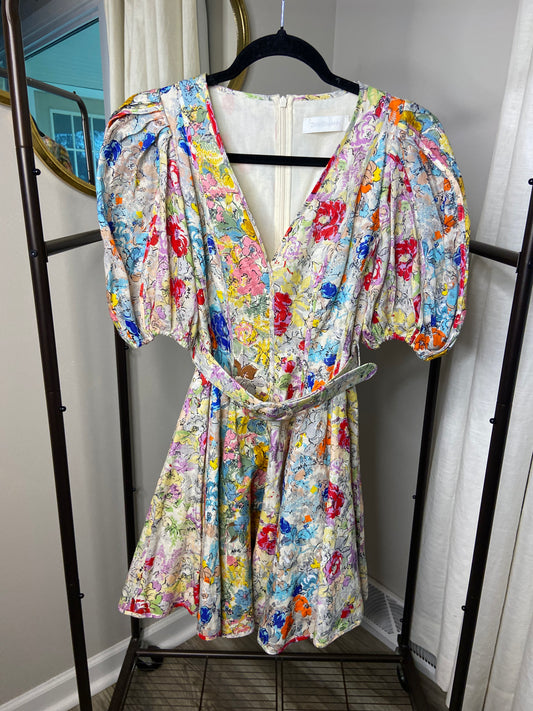 Zimmermann Clover Belted Floral-print Linen Mini Dress size US 4
