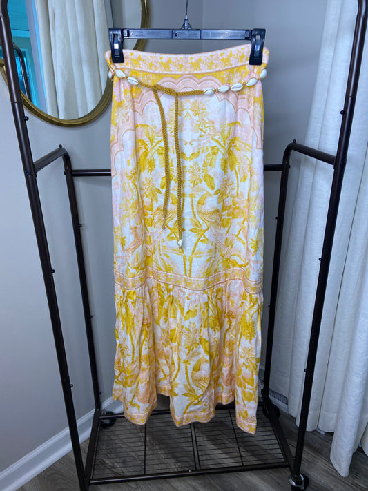 Zimmermann Lyre Belted Tiered Linen Midi Skirt size US 4