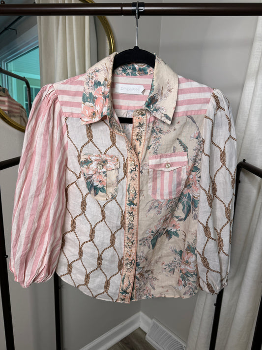 Zimmerman Moonshine Printed Shirt In Pastel Pink Ramie size US 2 PETITE