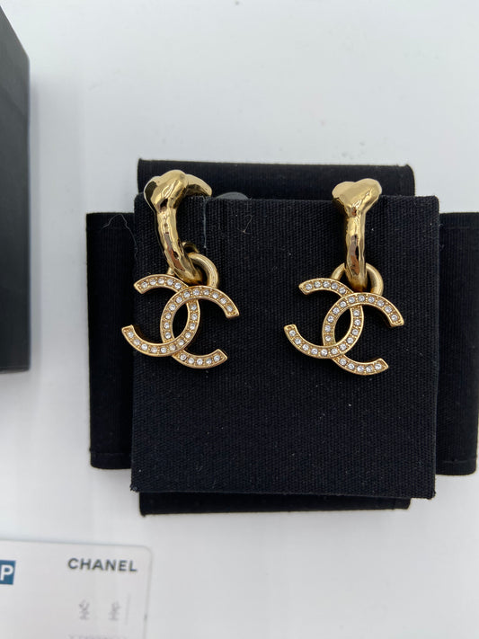 Chanel 23P Gold Crystal Hoop Earrings