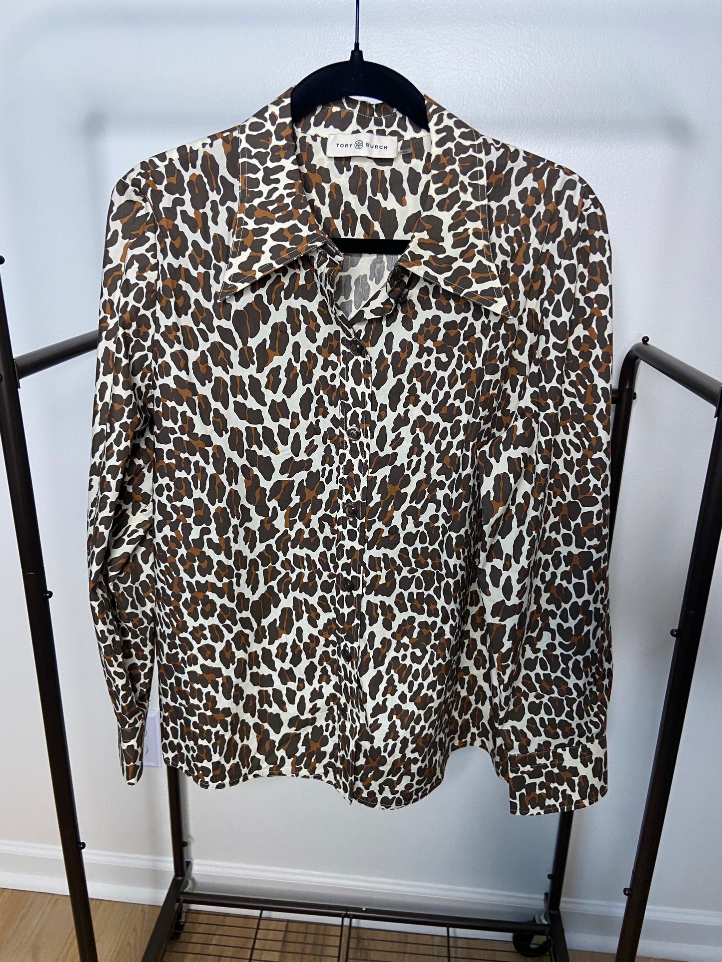 Tory Burch Reva Leopard-Print Cotton-Poplin Shirt size 14