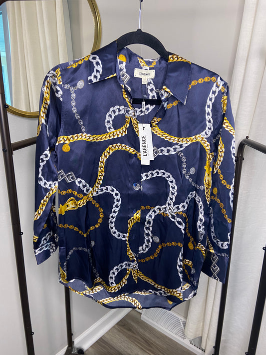 L'Agence Dani Navy Silk Charmeuse Gold Chain Blouse XS