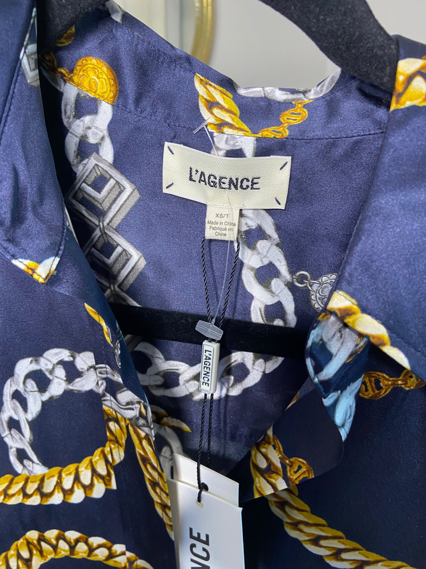 L'Agence Dani Navy Silk Charmeuse Gold Chain Blouse XS