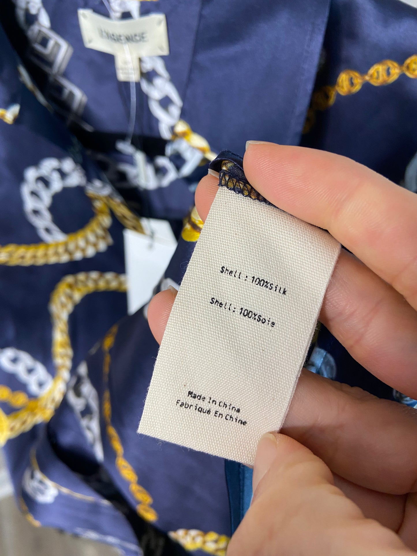 L'Agence Dani Navy Silk Charmeuse Gold Chain Blouse XS