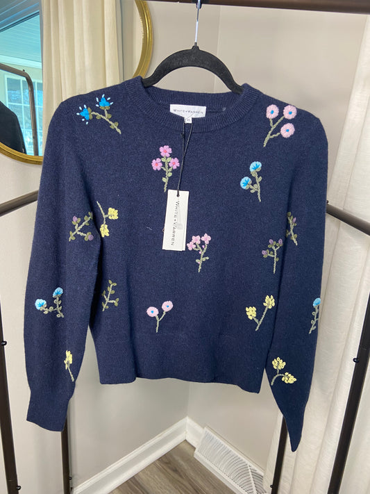 White + Warren Cashmere Embroidered Floral Crewneck size XS