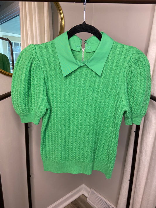 Alice and Olivia Chase Garden Green Cable Puff Sleeve Sweater size S