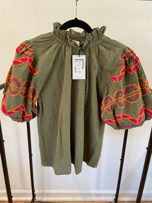 THML Let You Know Olive Green Embroidered Blouse size XS