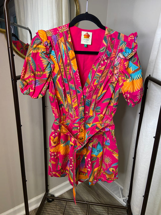 Farm Rio Pink Macaw Party Cotton Romper size S