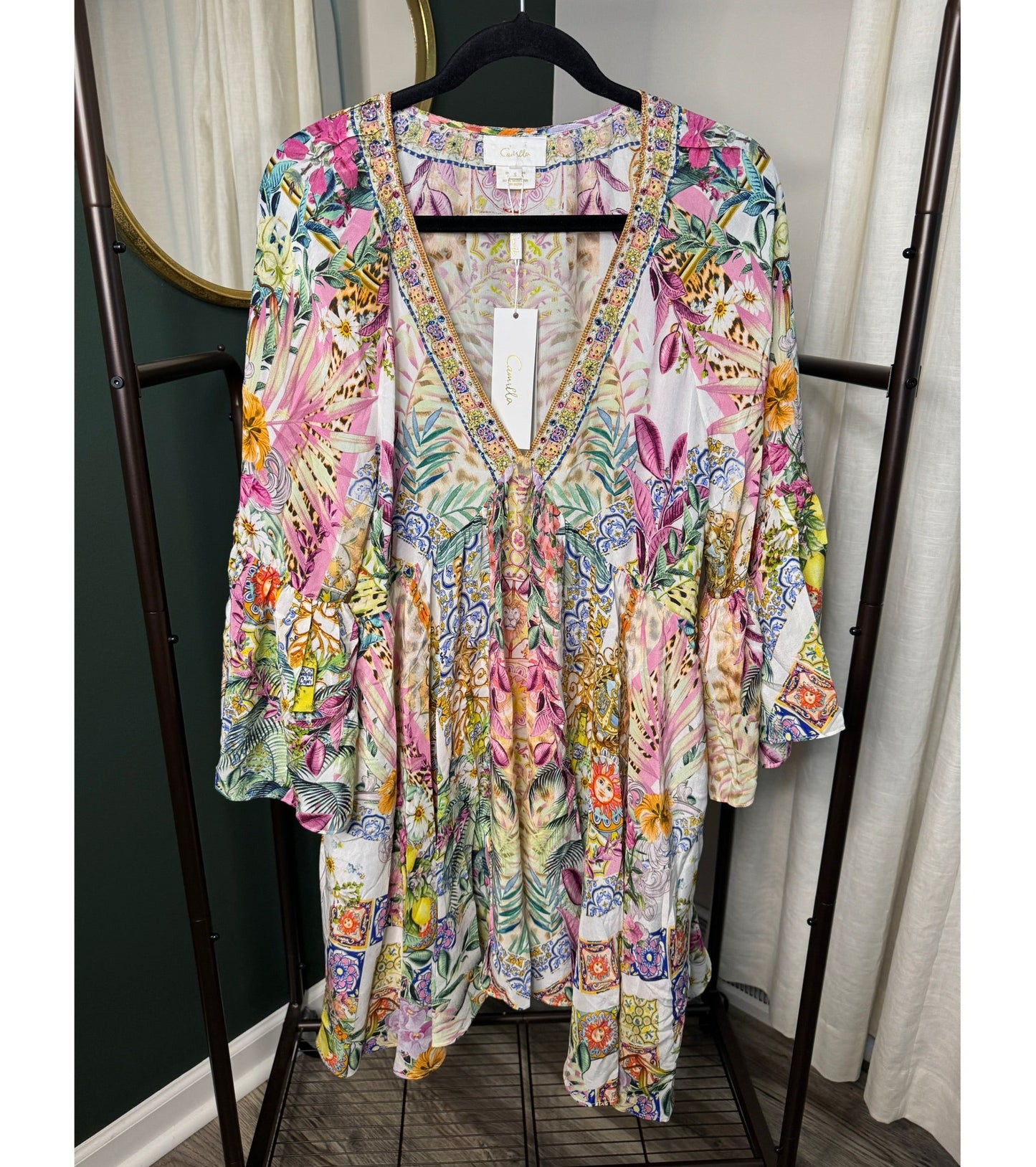 Camilla A-Line Ruffle Sleeve Dress Flowers Of Neptune size S
