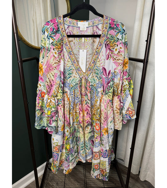 Camilla A-Line Ruffle Sleeve Dress Flowers Of Neptune size S