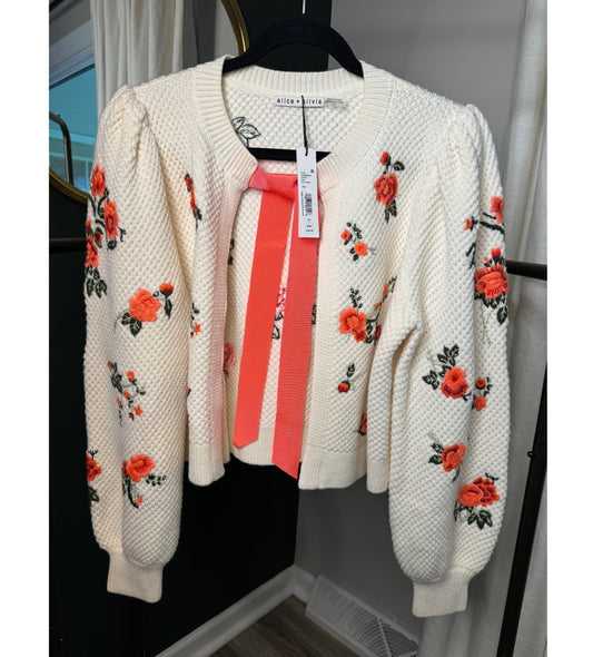 Alice and Olivia Kitty Bow Embroidered Cardigan size L