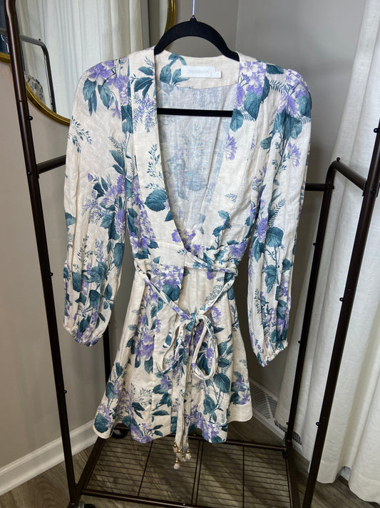 Zimmermann Cassia Floral-Print Linen-Poplin Wrap Dress size US 4