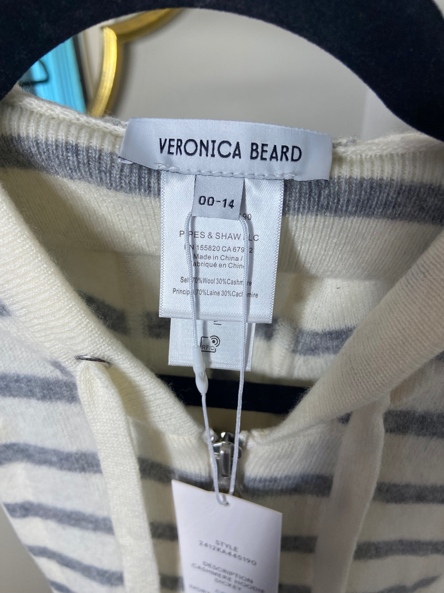 Veronica Beard Cashmere Blend Hoodie Dickey Ivory & Grey Stripes size 00-14