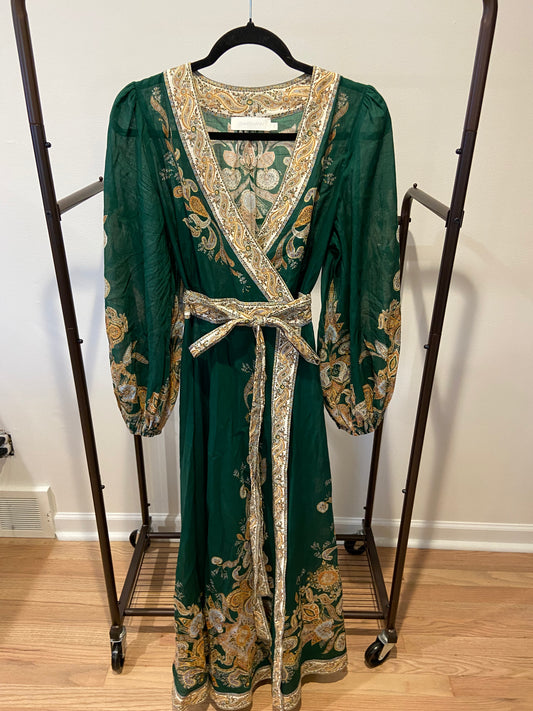 Zimmermann Devi Paisley Wrap Midi Dress in Emerald size 10