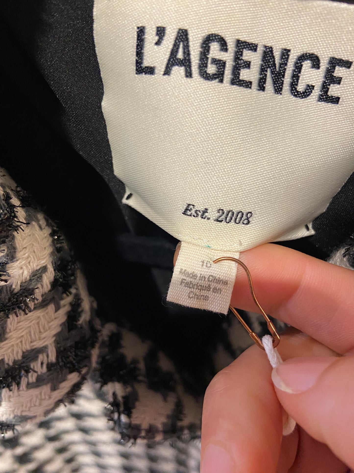 L'Agence Cove Houndstooth Cropped Tweed Jacket size 10